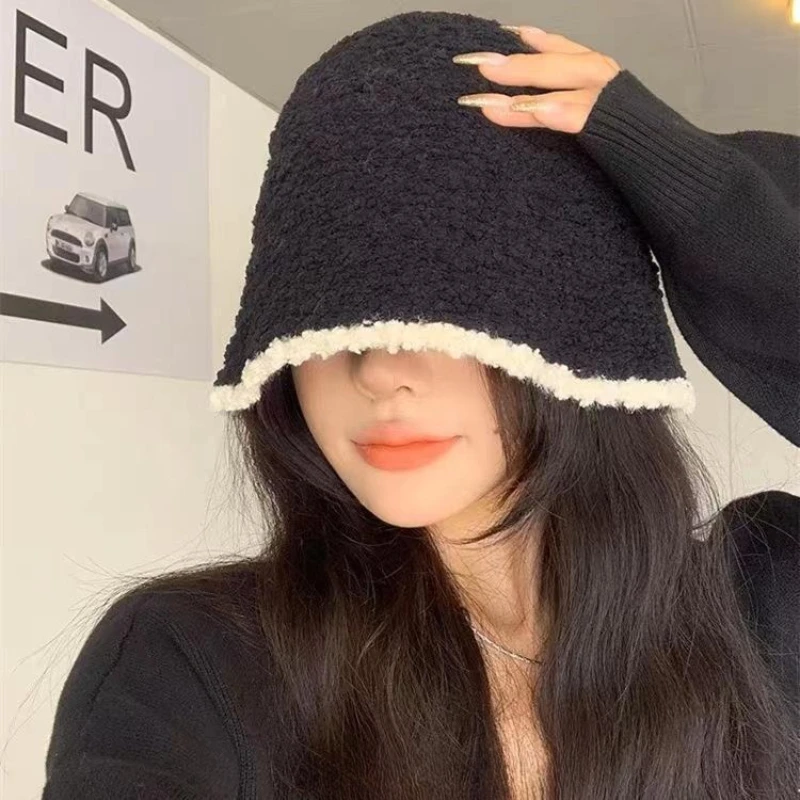 

Knitted Bucket Hats for Autumn Winter Thickened Warm Fashion Bucket Hat Color Contrasting Big Head Fisherman's Windproof Hat New