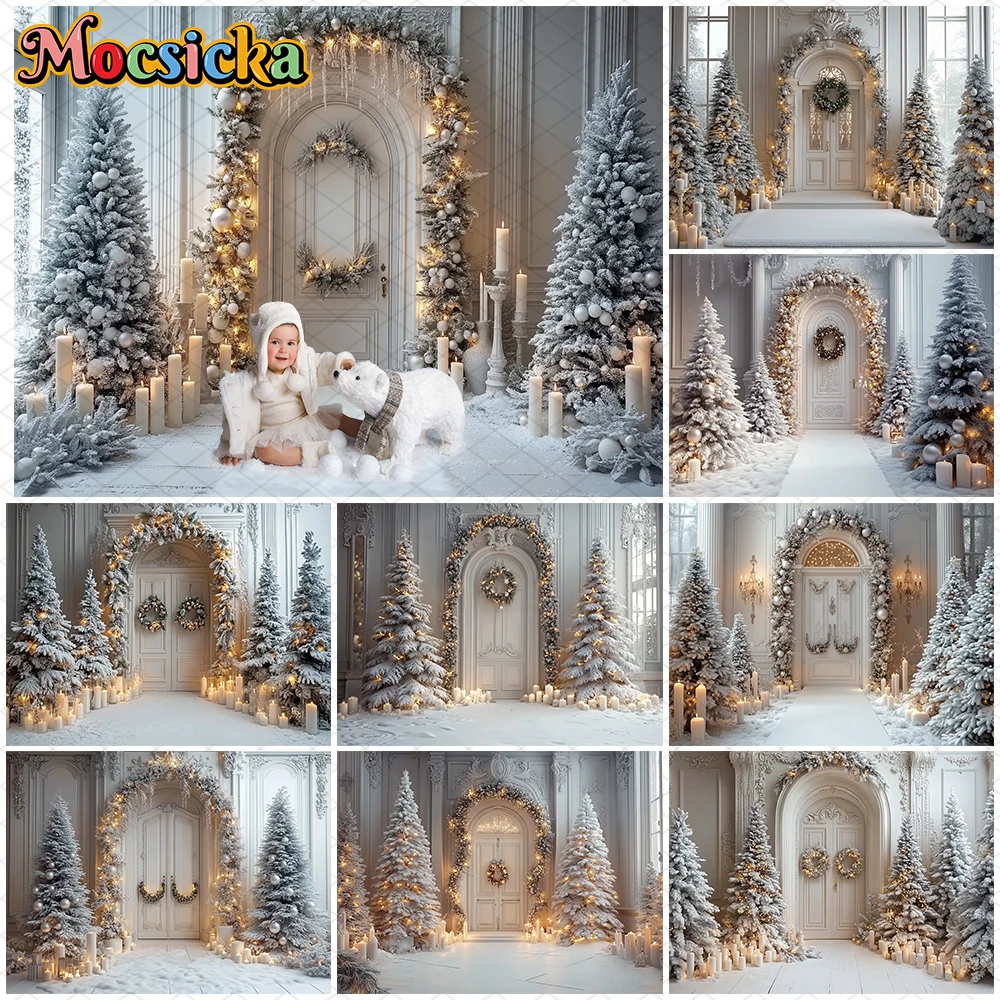 

Mocsicka Christmas Backdrops Photography Winter Xmas Tree White Door Decors Family Holiday Party Photo Backgrounds Studio Banner