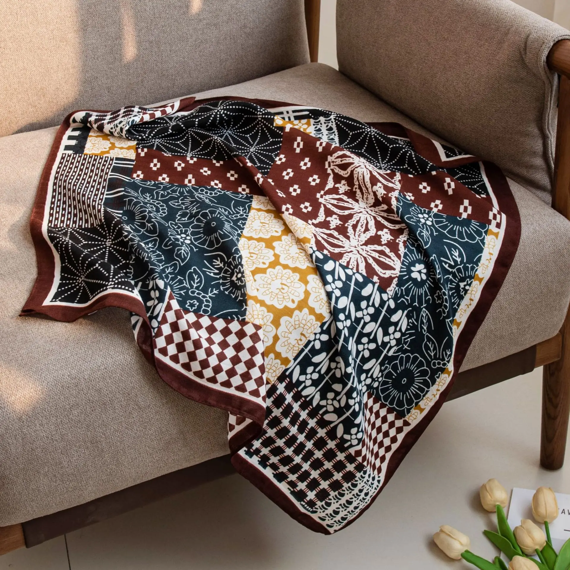 Simulation Silk Scarf Women's Scarf Printed Fashion Square Scarf High Sense Versatile Temperament Commuting Scarf Hair Scarf