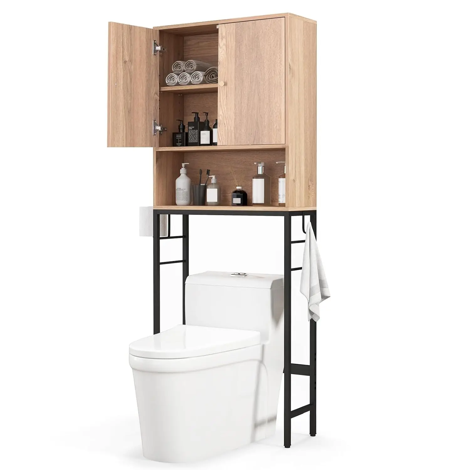 

Bathroom OrganizerOver The Toilet Storage Cabinet, Bathroom Space Saver With 2 Doors, Adjustable Shelf, 2 Side Hooks, Metal Stan