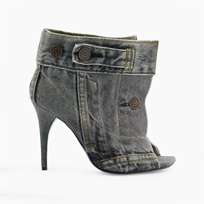 Arden Furtado Grey denim ankle boots peep toe Stiletto heels Summer jeans boots high heel large size dress shoes for women 43