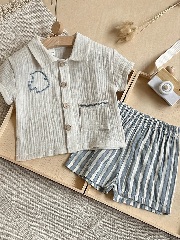 Ensemble de vêtements pour bébé garçon de 9 mois à 3 ans, t-shirt en lin brodé et short rayé, 2 pièces, survêtement pour garçon