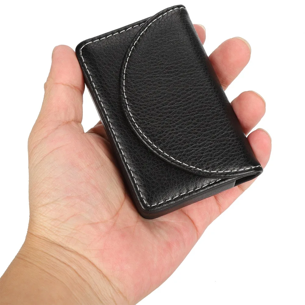 Leather Business Card Holder Litchi Texture Semi Circular Card Case Invisible Closure Magnetic Card Storage Business Present