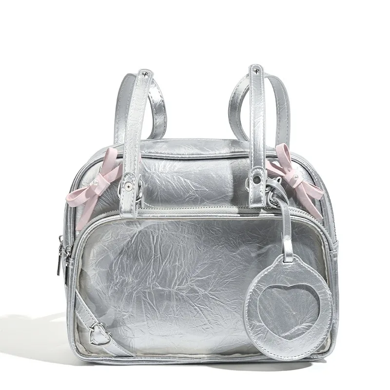 Xiuya Y2k Cute Womens Backpack Silver Transparent Lolita Jk New Fashion Backpack Pu Leather Bow Vintage Kawaii Aesthetic Bags