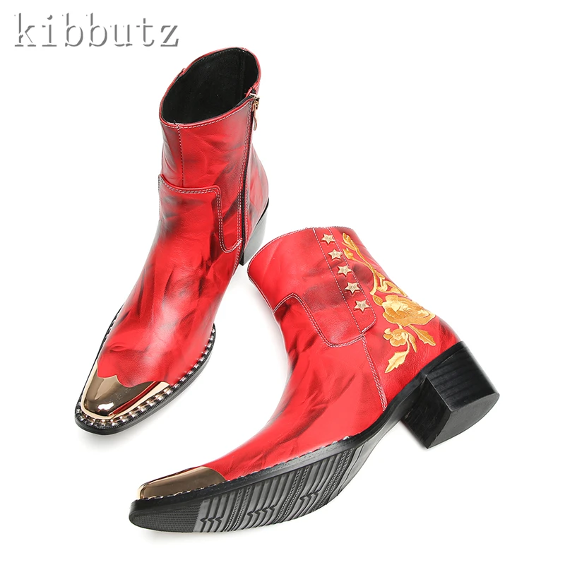 

Red Genuine Leather Rivets Men Ankle Boots Brand Design Embroidery Flowers High Heel Boots Luxury Wedding Party Shoes