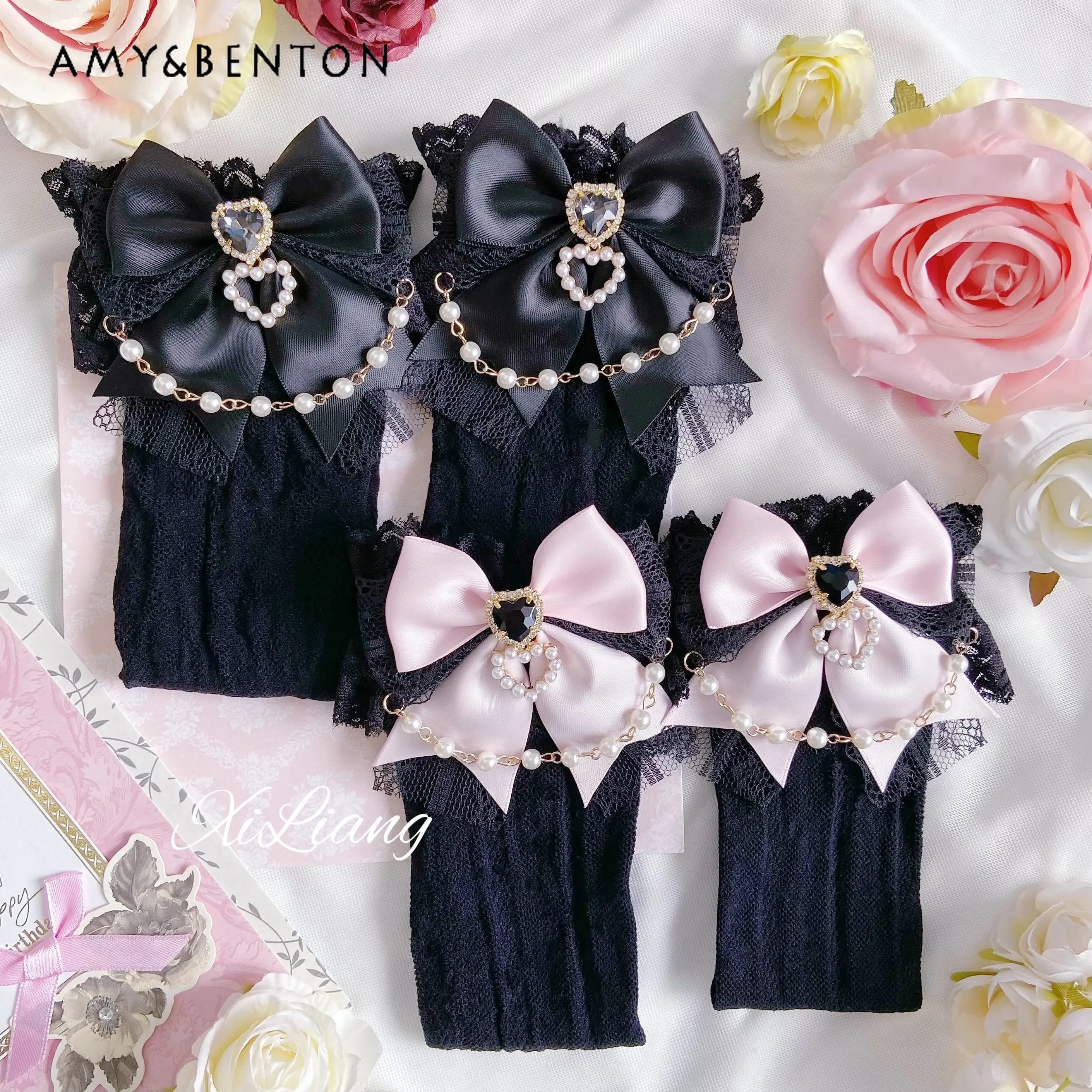 Calzini bianchi Kawaii carini in stile giapponese ragazze dolci Lolita Bow Pearl Heart calzini in pizzo per le donne primavera estate miniera