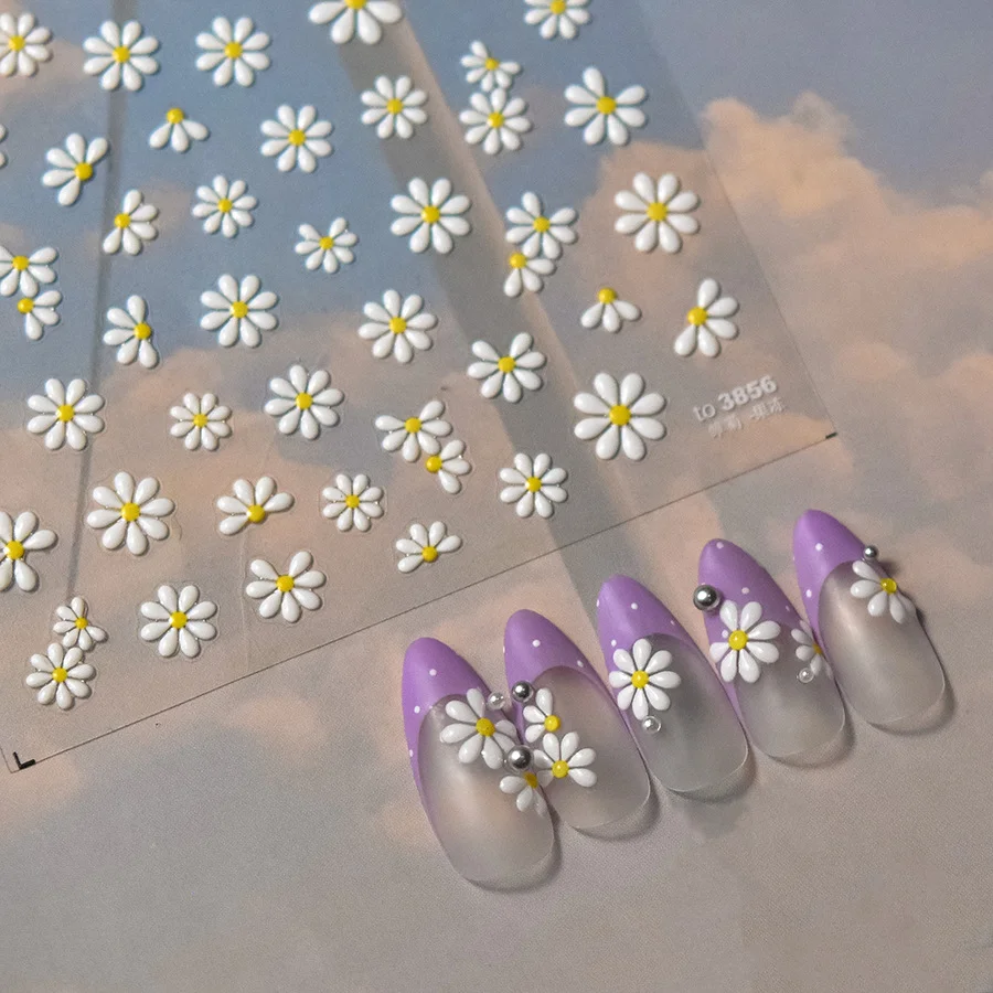 Flor e Margarida em relevo adesivos para Nail Art decoração, Sliders simples, design floral, elegantes decalques auto-adesivos, 1pc