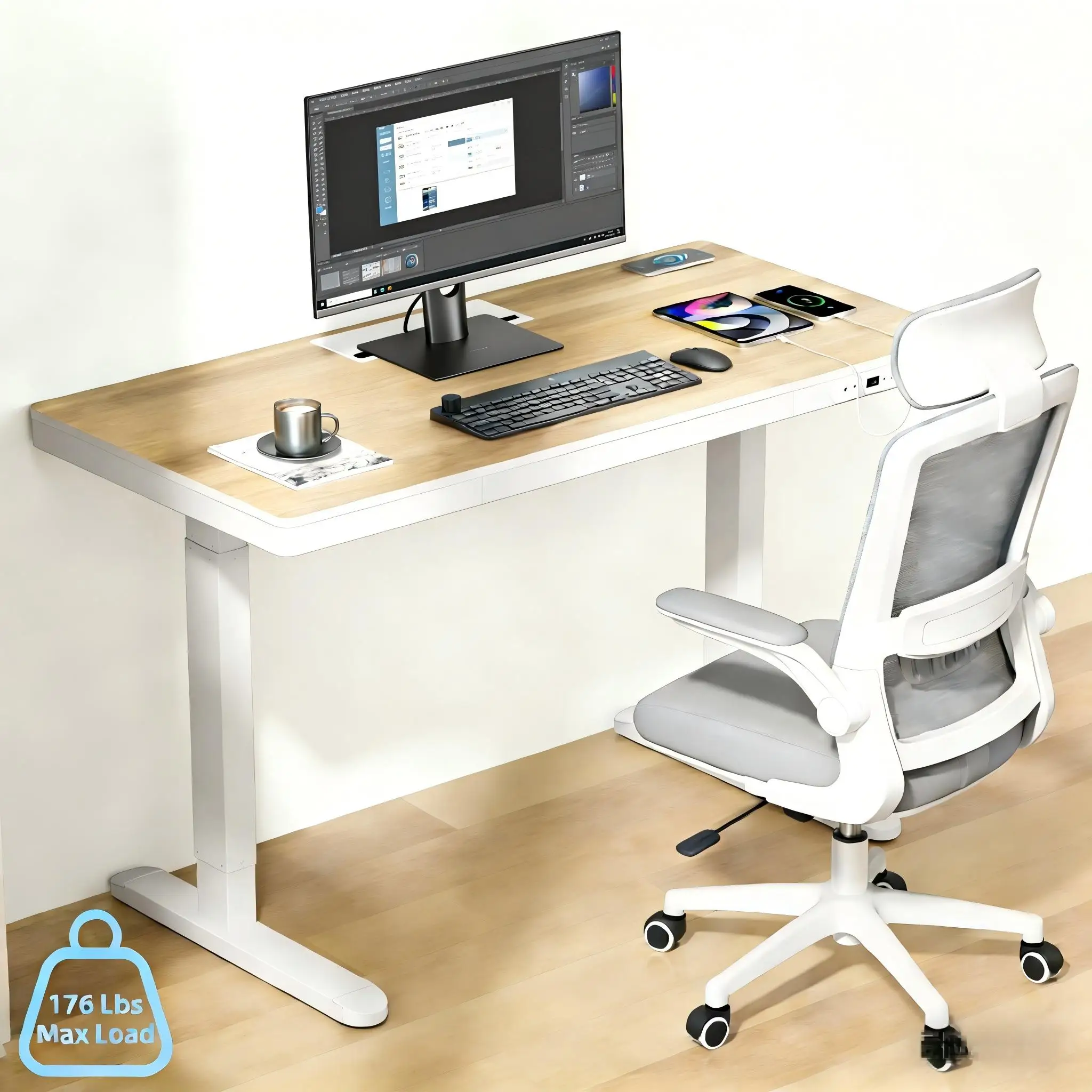 Height Adjustable Standing Desk,Computer Desk& Office Desk with Drawer Wireless Charging Cable Management for Home &Office