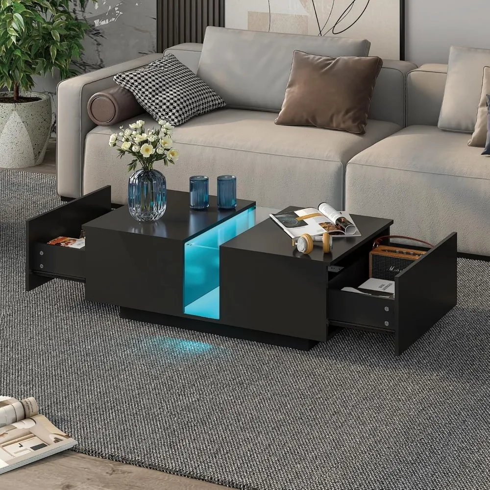 

Black Led Coffee Table for Living Room, Rectangular Living Room Table with Storage, Acrylic Coffee Tables with 2 Sliding Drawers