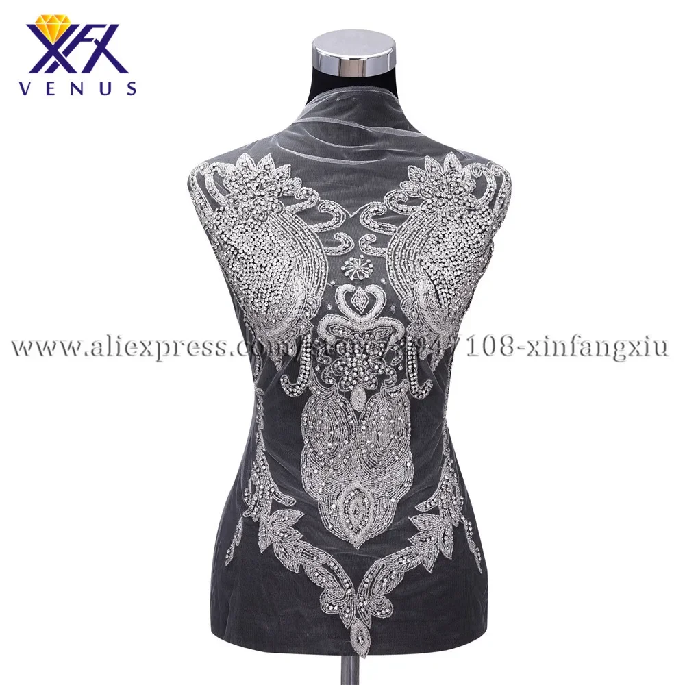 

XFX Venus New Pretty Bodice Applique Rhinestone Ctystal Beaded Bodice Applique Iron on Patches for Lady Wedding Dress Accessorie