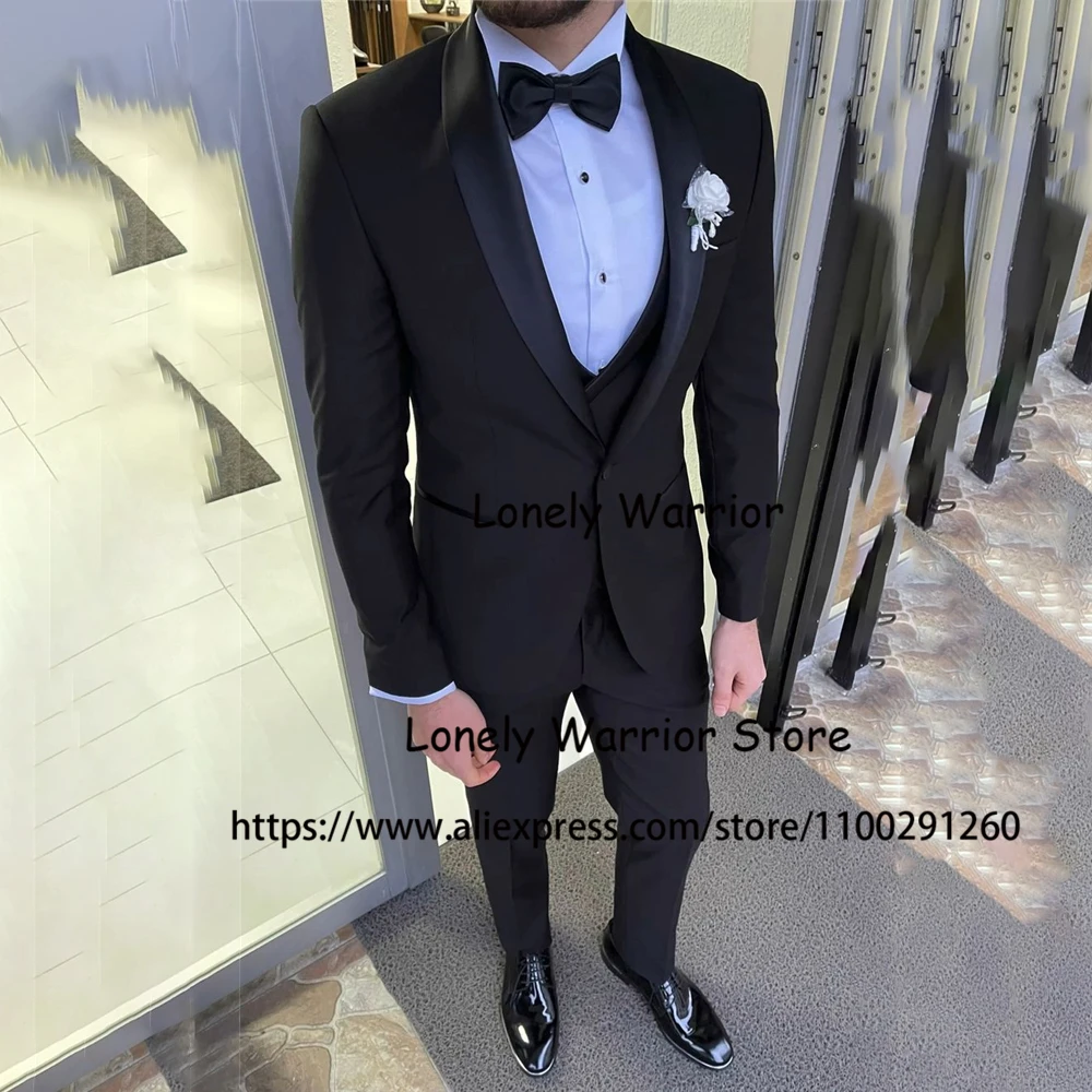 

Fashion Black Suits Mens Shawl Lapel Slim Fit Wedding Groom Tuxedo Banquet Blazer 3 Piece Set Terno Masculino Jacket Vest Pants