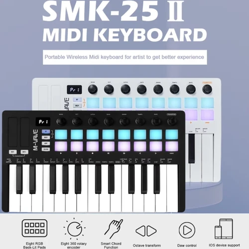 M-VAVE SMK-25 II Controlador de almohadilla MIDI Teclado USB Mini 25 teclas, 16 almohadillas de batería RGB, 8 perillas y producción musical, software incluido