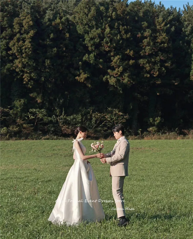 Giyu-vestido de novia de corte en A, sencillo, coreano, cuello redondo, lazo, hombro, país, sesión de fotos, matrimonio, longitud hasta el tobillo, personalizado