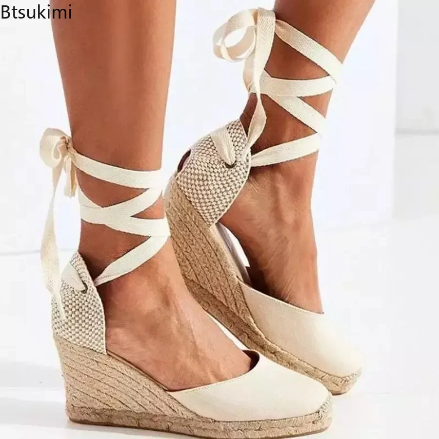 New Wedges Heel Women's Sandals Vintage Thick Bottom Casual Shoes Breathable Cloth Surface Hemp Rope Lace-up Sandals for Women