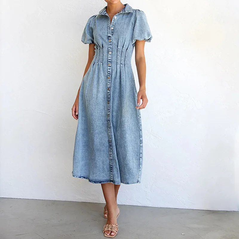 

New Short-sleeved Denim Dress for Spring and Summer.Ladies' Fashionable Washed and Aged Casual Shirt Style Bubble Sleeve Dresses