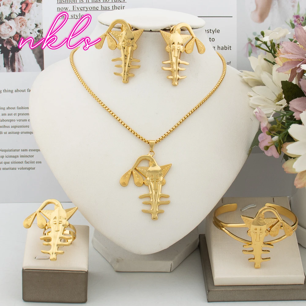 Trendy Gold Color Jewelry Set Fashion Pendant Elegant Ladies Necklace Earrings Bangle Ring Set Nigerian African Jewellery Set