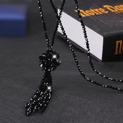 Korean Long Tassel Crystal Beads Necklace For Women Sweater Chain Beaded Link Simple Black Red Fashion Jewelry