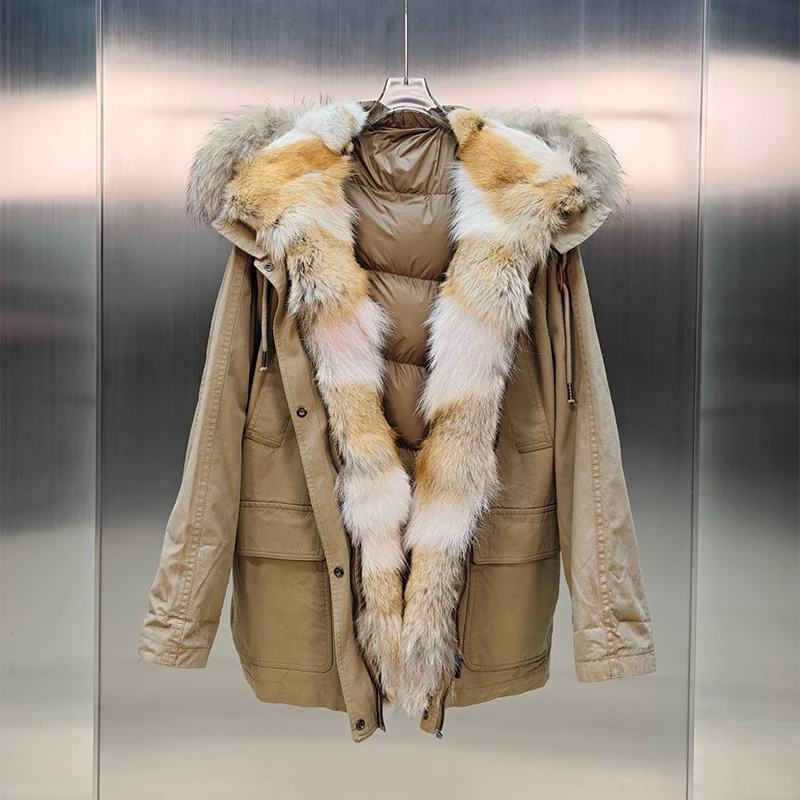 Women Removable Real Raccoon Fur Collar Wolf Fur‌ Placket Jacket Parka 90% Goose Down Jacket Loose Thick Hoodie Parka Coats