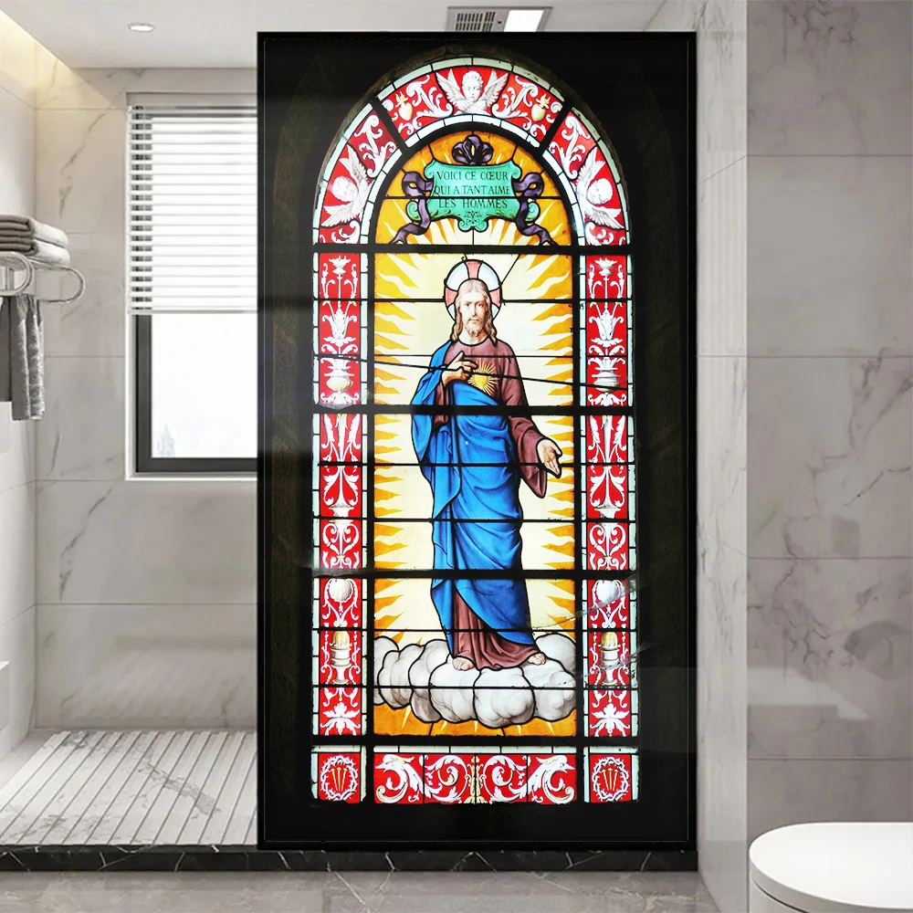 Church Stained Glass Decals Window Film Privacy Heat Insulation and Anti UV Blocking Static Cling Window Sticker for Home J31