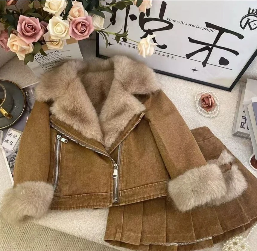 Girls Set Autumn Winter New Children Fashionable Hairy Warm Denim Jacket Baby Girls Pleated Skirt Two Piece Set