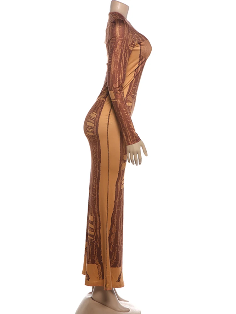 Weird Puss Bikini-Print Langes Kleid Damen Herbst-Trend Gestreiftes Patchwork O-Ausschnitt Langarm Eng Anliegend Stretch Street-Style Vestidos – Detail 4