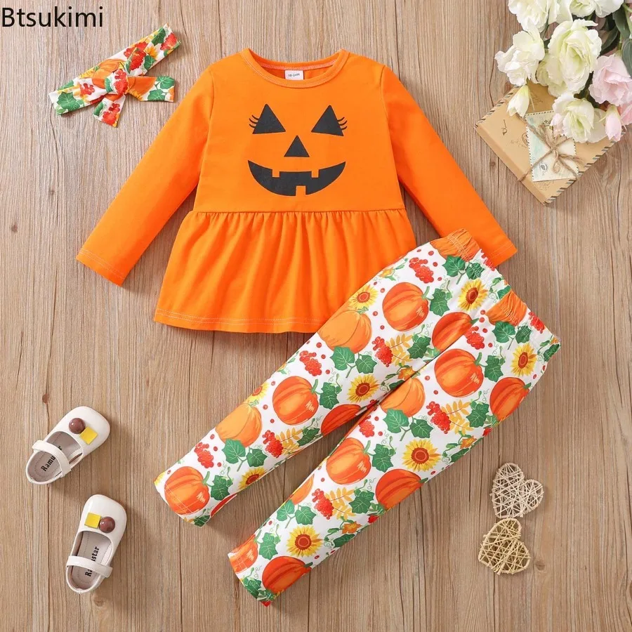 

Kid Girls Halloween Set Long Sleeve Grimace Print T-shirt Pumpkin Print Pants Headband Three-piece Set 2025 Halloween Clothes