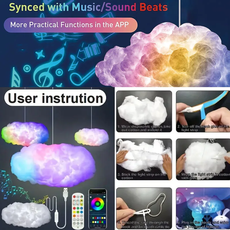 DIY Cloud LED Light Smart RGBIC Music Sync Changing Strip Light Atmosphere Thunder Cloud Lamp Wall Ceiling Light for Room Decor