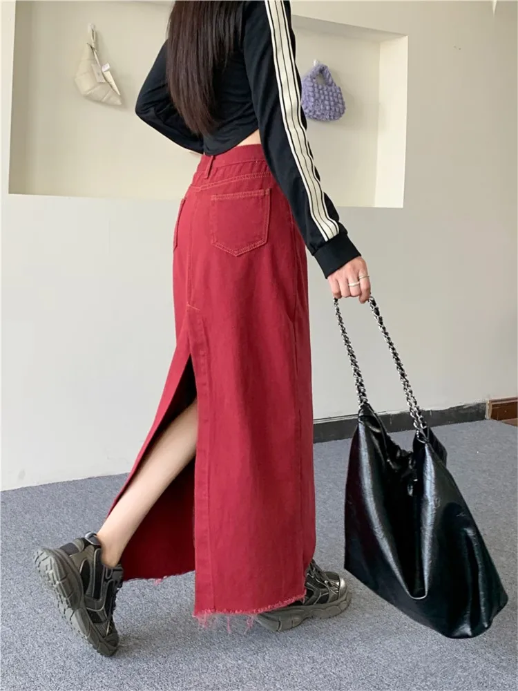 Denim Spring Autumn Long A-Line Skirts Women Retro Modis High Waist Split Pleated Ladies Skirts Korean Style Casual Woman Skirts