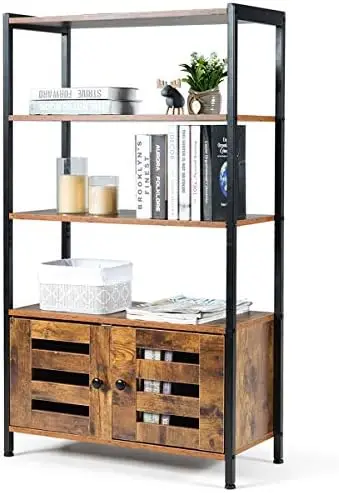 

Cabinet, Industrial Bookshelf and Bookcase, Freestanding Floor Cabinet with 3 Shelves and 2 Louvered Doors, Room Study Home Off