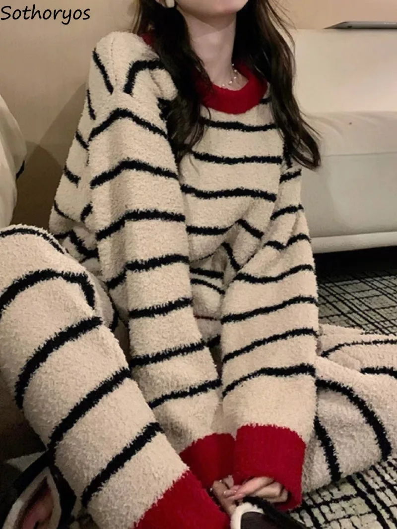 

Пижамные комплекты женские из флиса домашняя одежда осень-зима Ins стиль полосатая корейская мода популярные повседневные модные удобные нежные