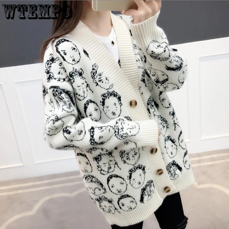 

WTEMPO Autumn Winter Knit Sweater Harajuku Top Casual Women Sweater V-neck Cartoon Character Cardigans Button Single Breasted