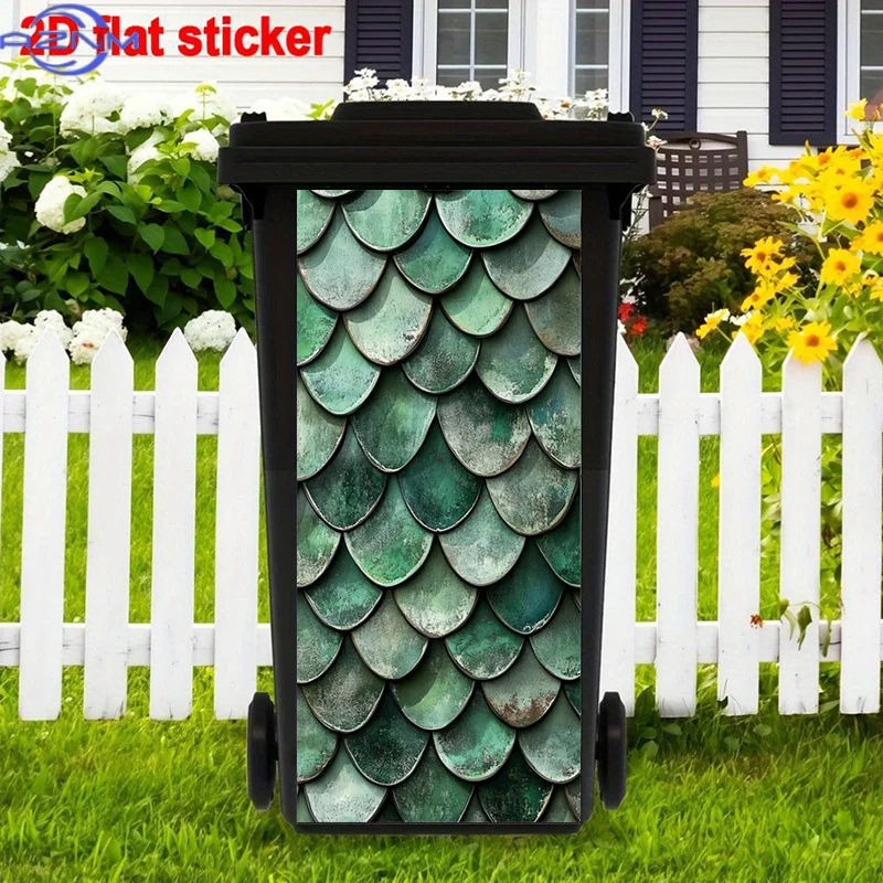 2D Flat 1pc Green Scales Trash Can Stickers Art, Shimmering Peel And Stick Stickers, Textured Trash Can Stickers, Emerald Tras