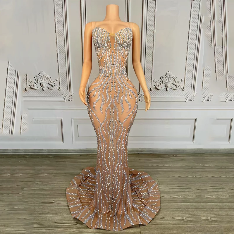 이브닝 드레스 여성 전체 다이아몬드 스트랩 트레일링 드레스 나이트 클럽 바 Dj 공연 무대 의상 드래그 퀸 옷 DN20937