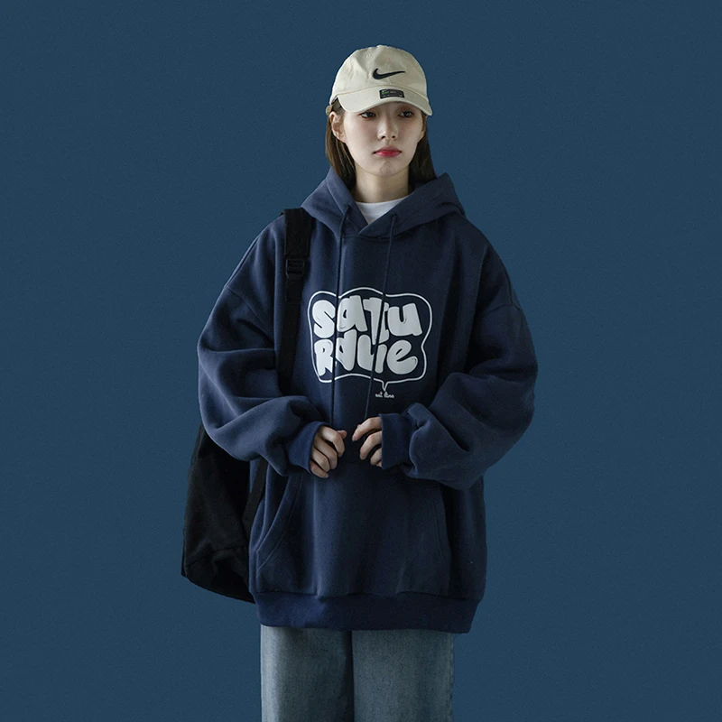 

Navy Blue Baggy Pullover Korean Fashion Fleece Thicken Letter Printing Sweatshirt Casual Lazy Raglan Sleeves Drawstring Hoodie