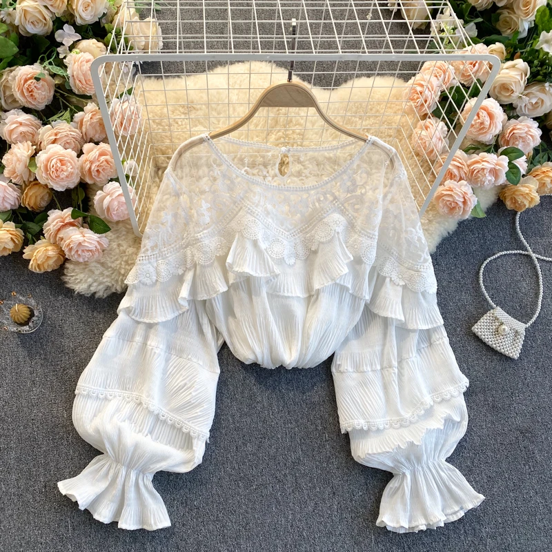 French Elegant Temperament Blouse Top Women's Semi Perspective Mesh Panel Lace Ruffle Edge Bubble Sleeves Chiffon Shirt