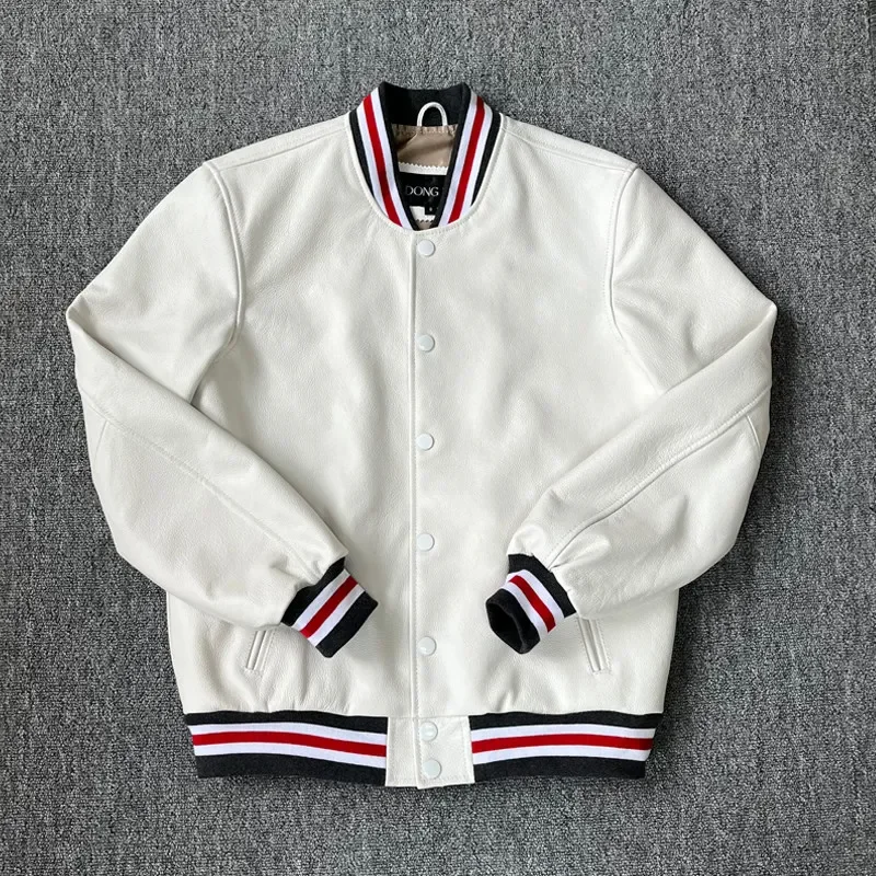 Soft first layer cowhide leather leather jacket men's short baseball jacket leather jacket casual simple loose