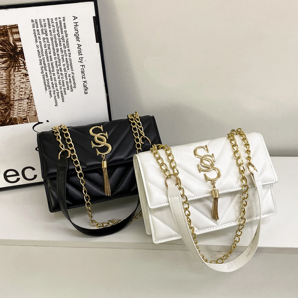 Luxury Women's Quilted Leather Shoulder Bag Designer Chain Crossbody Bag Elegant Flap Purse with Gold Tone SS Logo & Tassel