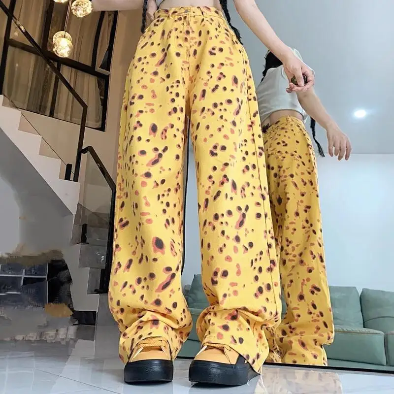 Frühling und Herbst Neue frauen Hohe Taille Gerade Bein Breite Bein Hosen Amerikanischen Retro Leopard Muster Hot Girl Jeans mode