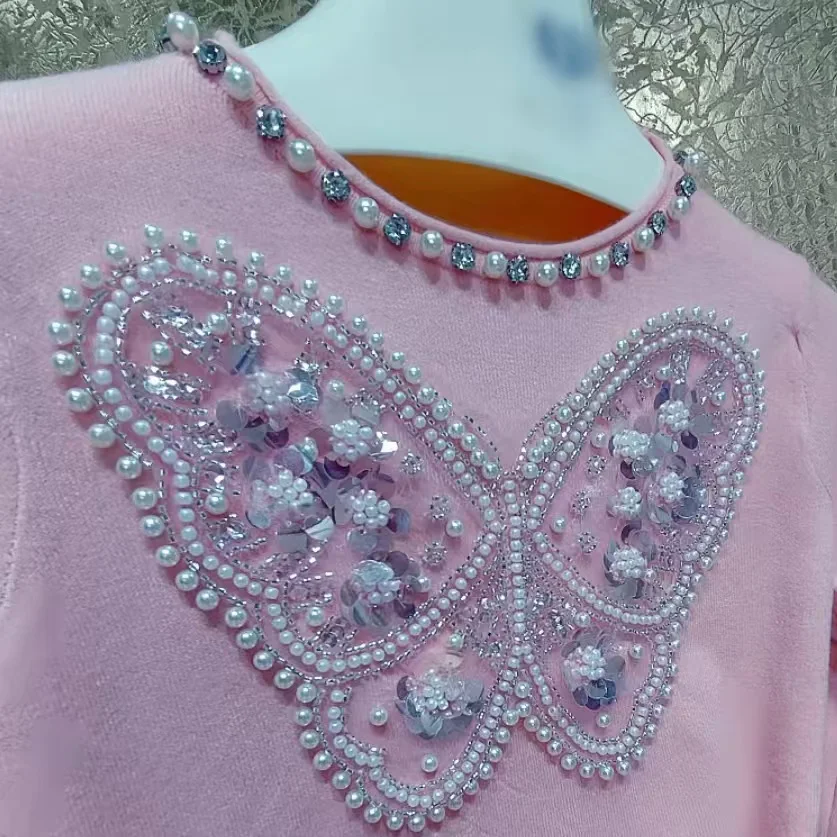 Luxury Style Bling Sparkle Beading Sequined Butterfly Stitch Knitted Pullover For Women's Sweet Chic Pink Sweaters