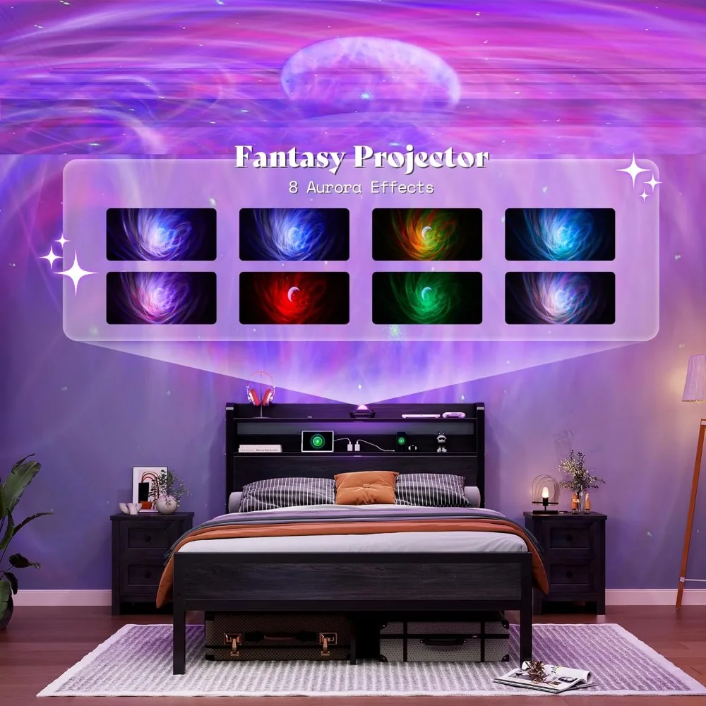 

Queen Size Bed Frame with Galaxy Star Projector,Platform Bed with Charging Station Storage Headboard, Heavy Duty Metal Bed Frame