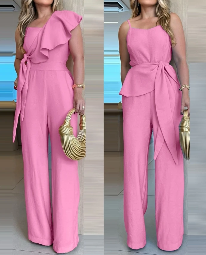 

Women's Jumpsuit Spring Ruffle Hem Sleeveless V Neck Spaghetti Strap Ruffles Tied Detail Casual Loose Fit Wide Leg Romper