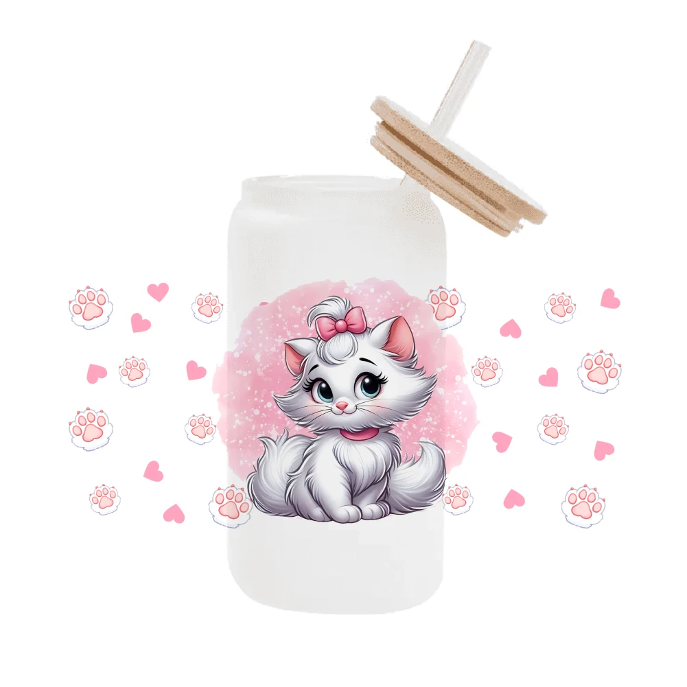 Disney marie pink  Cat For Libbey 16oz Can Glass 3D Waterproof UV DTF Coffee Can Wrap Libbey Glass Wrap