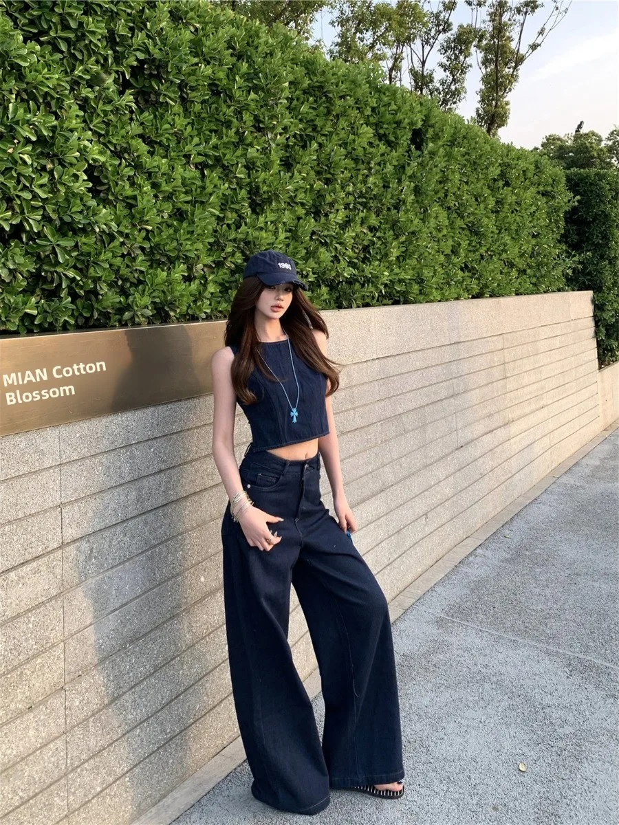 

Retro Denim Two-Piece Set Women's Summer Design Sleeveless Wide Leg Pants Fashionable High Waist Belted round Neck Vest