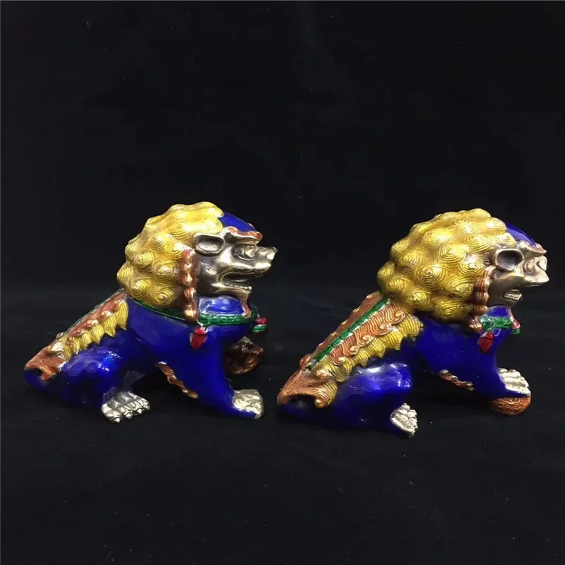 Chinese statue of cloisonnated Lions in old copper, a pair of cloisonnated Lions