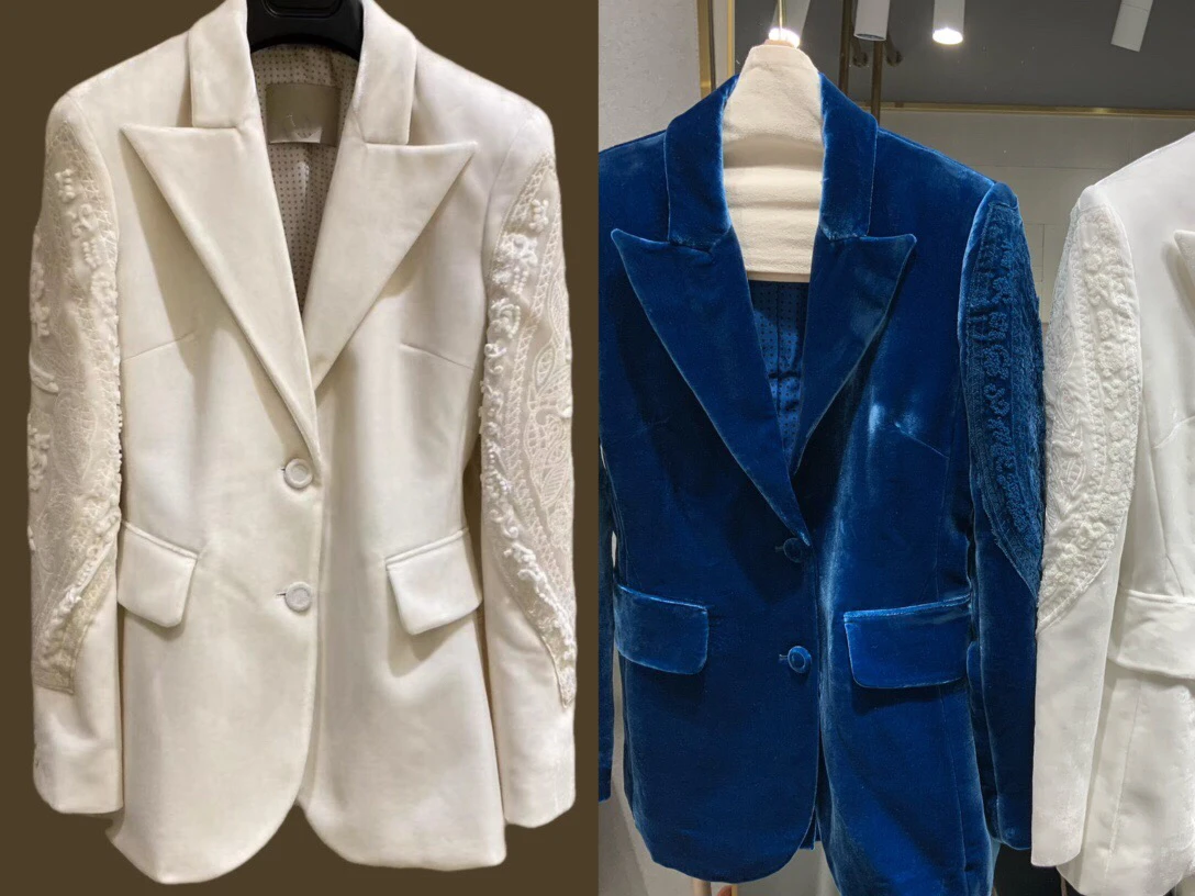 2025 Winter Velvet Jacket Fashion Women's Silk White Blazer Elegant Office Ladies Blue Coat Embroidered