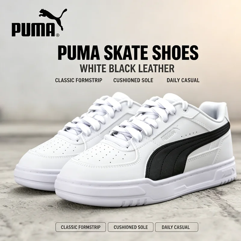 

Men Puma 404484-04 White Leather Low Top Skate Shoes, Classic Black Formstrip Flat Casual Sneakers For Street Walking, Daily Out
