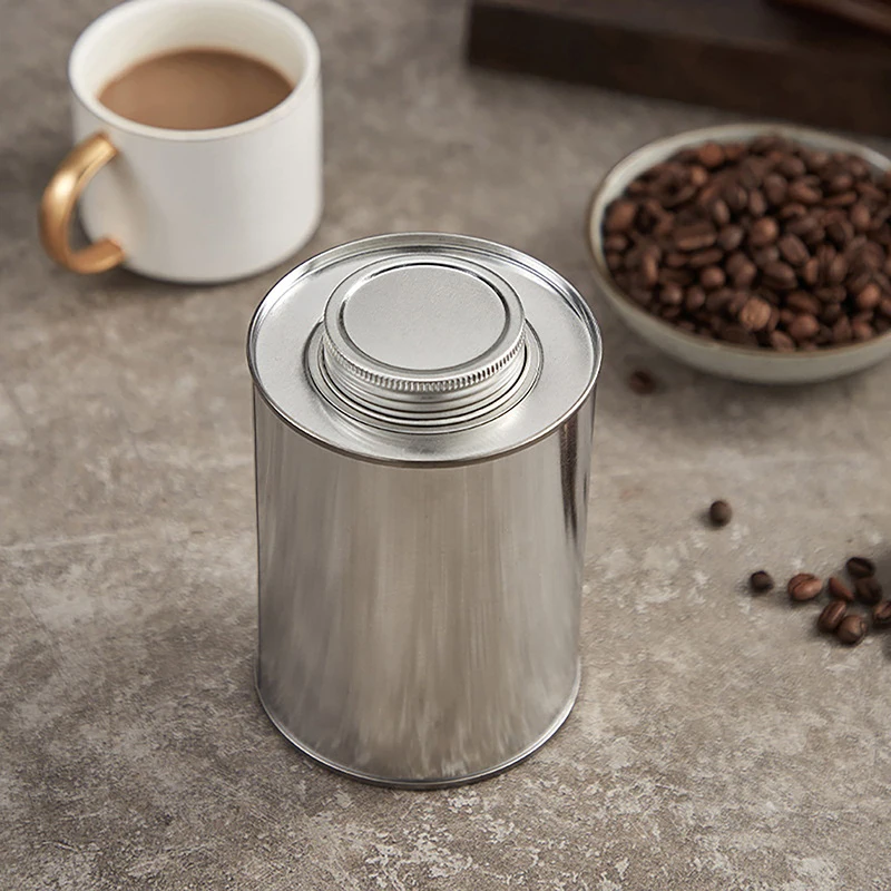 Silver Round Coffee Bean Storage Can Tank Kitchen Screw Cap Coffee Powder Sugar Tinplate Organizer Container Packaging Box