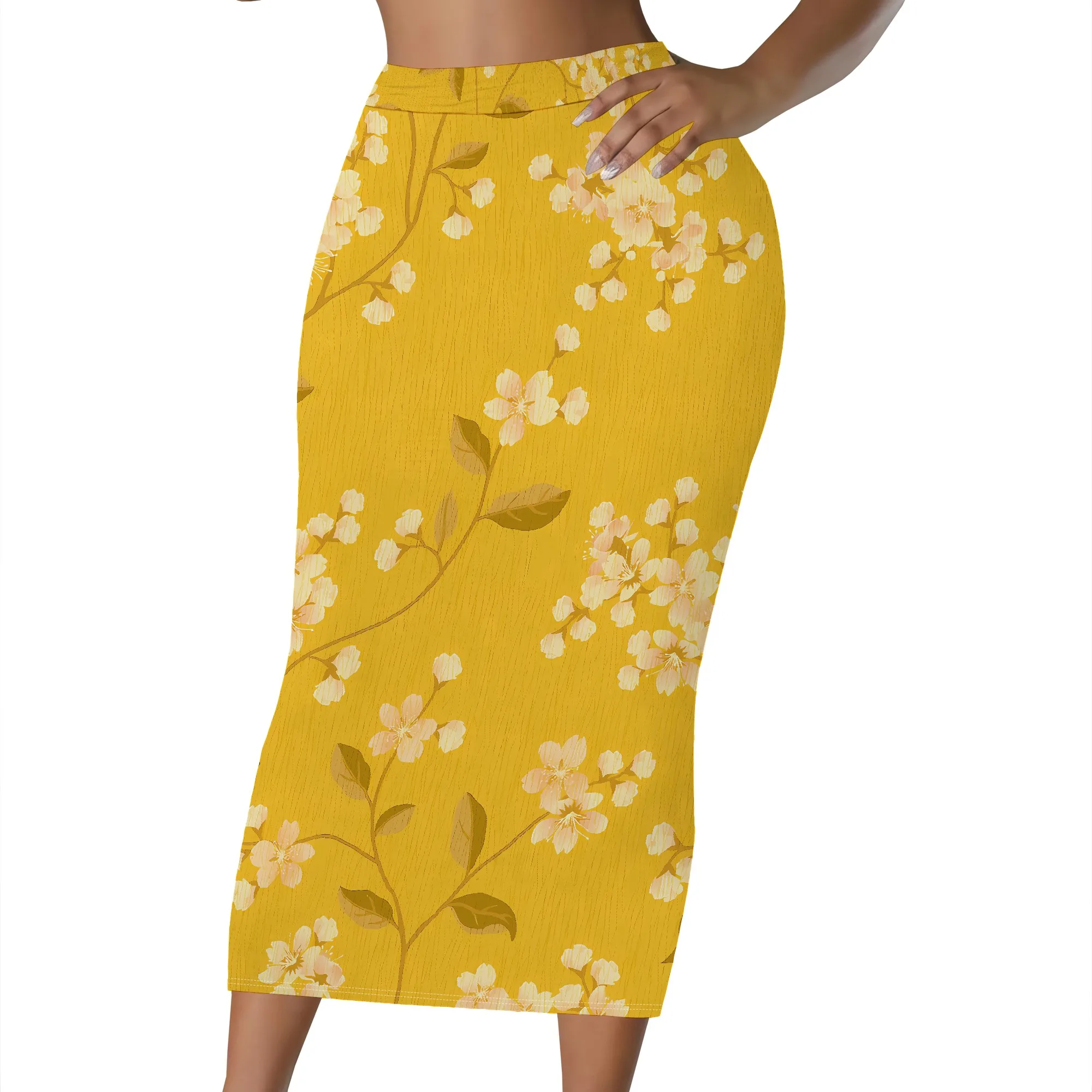 Blumenmuster Bleistiftrock, Aquarell-Print Midirock, Lila Blumen-Bodycon-Rock, Elastischer Bund Damen Bürokleidung, S-2XL – Detail 8