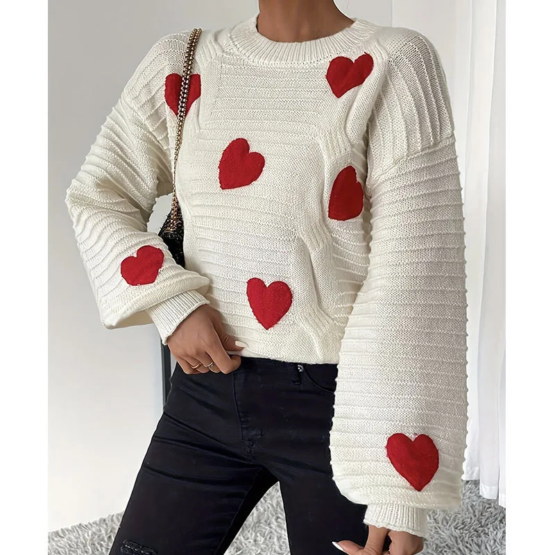 Herfst en winter nieuwe brede trui dames losse paar liefde ronde hals trui gebreide top met lange mouwen