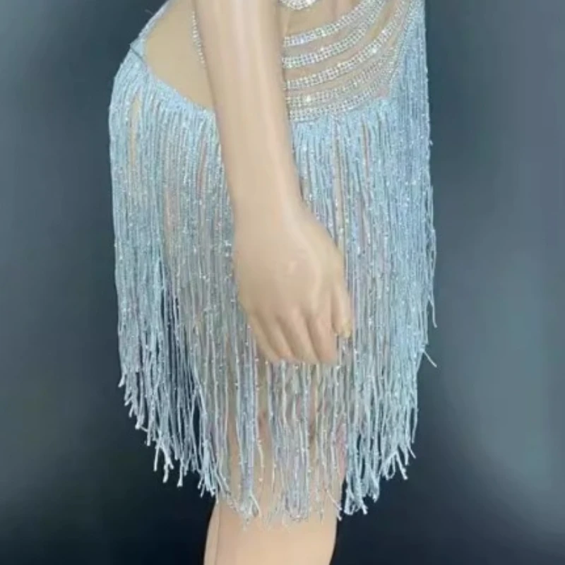 Ropa de mujer de lujo con borlas de diamantes de imitación, vestido de noche transparente con cuello de sujetador, minivestido Sexy, falda de fiesta de cumpleaños, vestido de fiesta